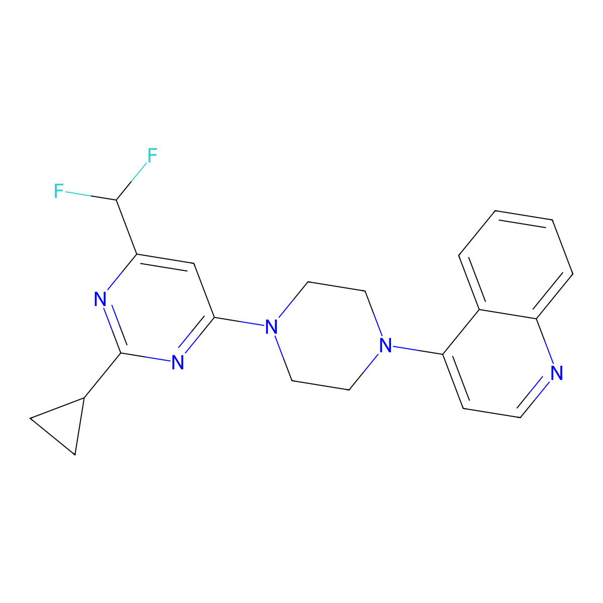4-{4-[2-Cyclopropyl-6-(difluoromethyl)pyrimidin-4-yl]piperazin-1-yl}quinoline molecular structure, CAS 2640965-02-0