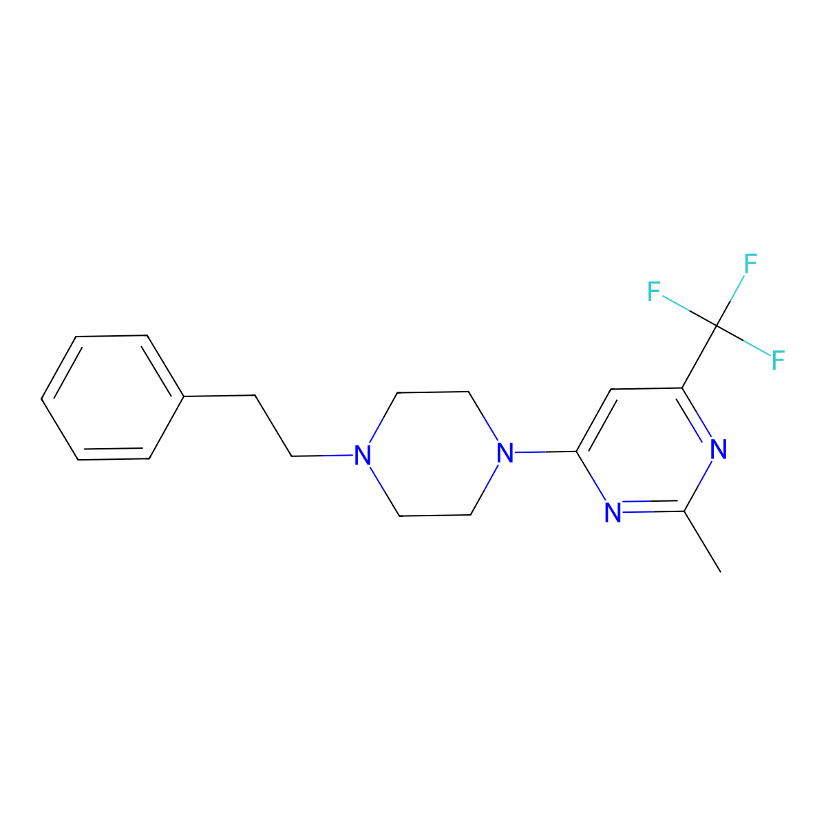 2-Methyl-4-[4-(2-phenylethyl)piperazin-1-yl]-6-(trifluoromethyl)pyrimidine molecular structure, CAS 2640965-07-5