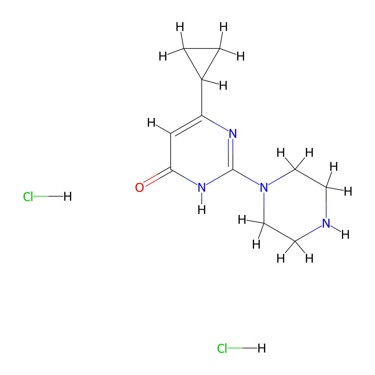 6-Cyclopropyl-2-(piperazin-1-yl)-3,4-dihydropyrimidin-4-one dihydrochloride molecular structure, CAS 2640965-08-6