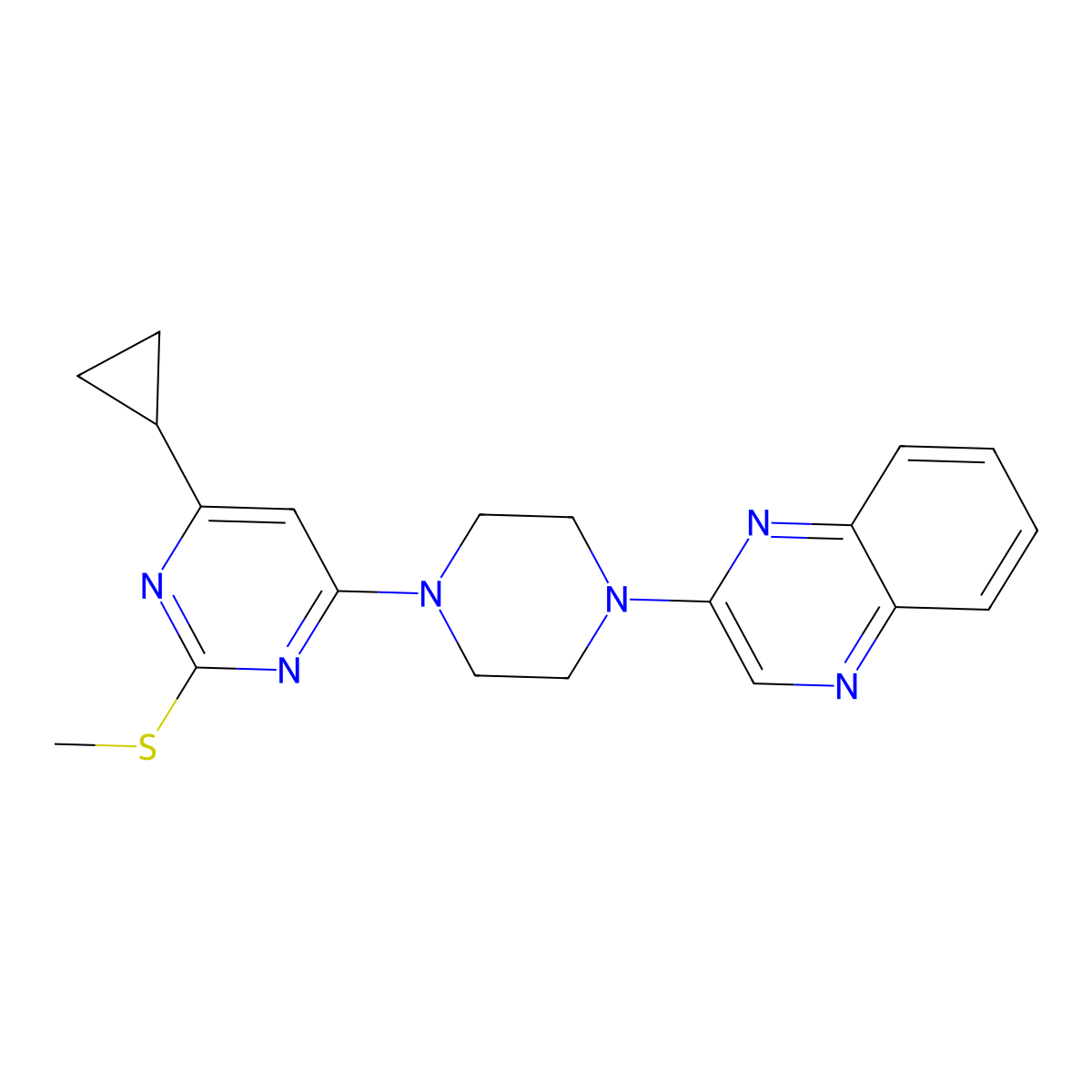2-{4-[6-Cyclopropyl-2-(methylsulfanyl)pyrimidin-4-yl]piperazin-1-yl}quinoxaline molecular structure, CAS 2640965-11-1