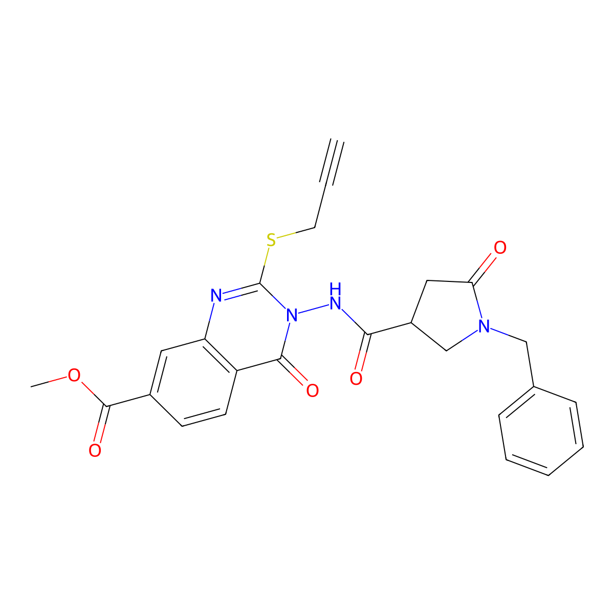 Methyl 3-(1-benzyl-5-oxopyrrolidine-3-amido)-4-oxo-2-(prop-2-yn-1-ylsulfanyl)-3,4-dihydroquinazoline-7-carboxylate molecular structure, CAS 2640965-13-3