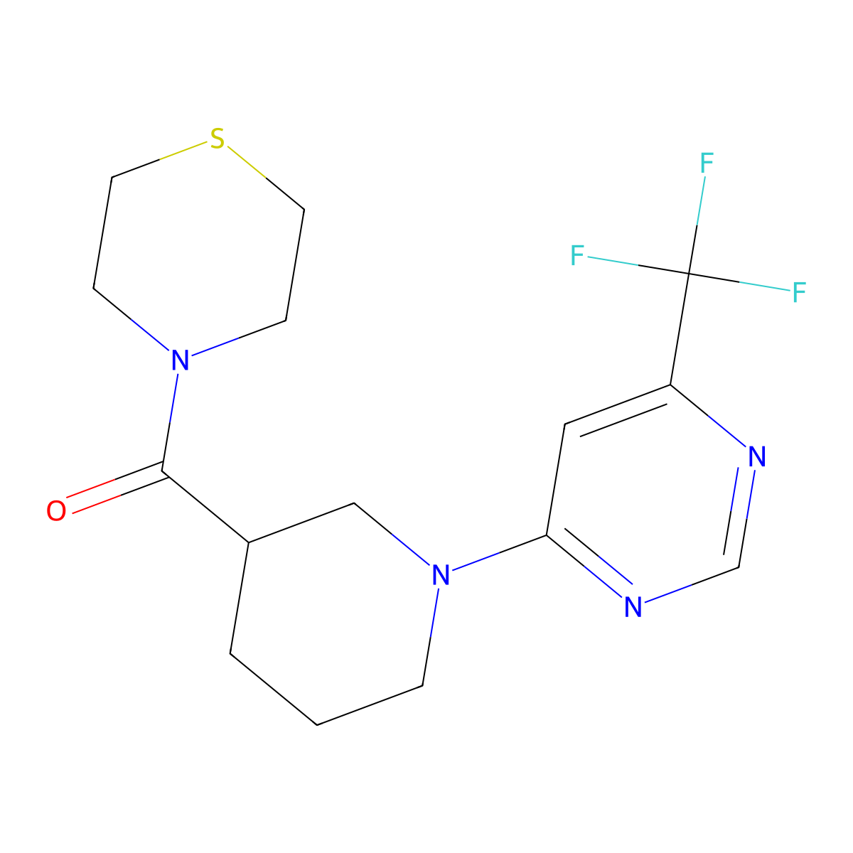 4-{1-[6-(Trifluoromethyl)pyrimidin-4-yl]piperidine-3-carbonyl}thiomorpholine molecular structure, CAS 2640965-17-7