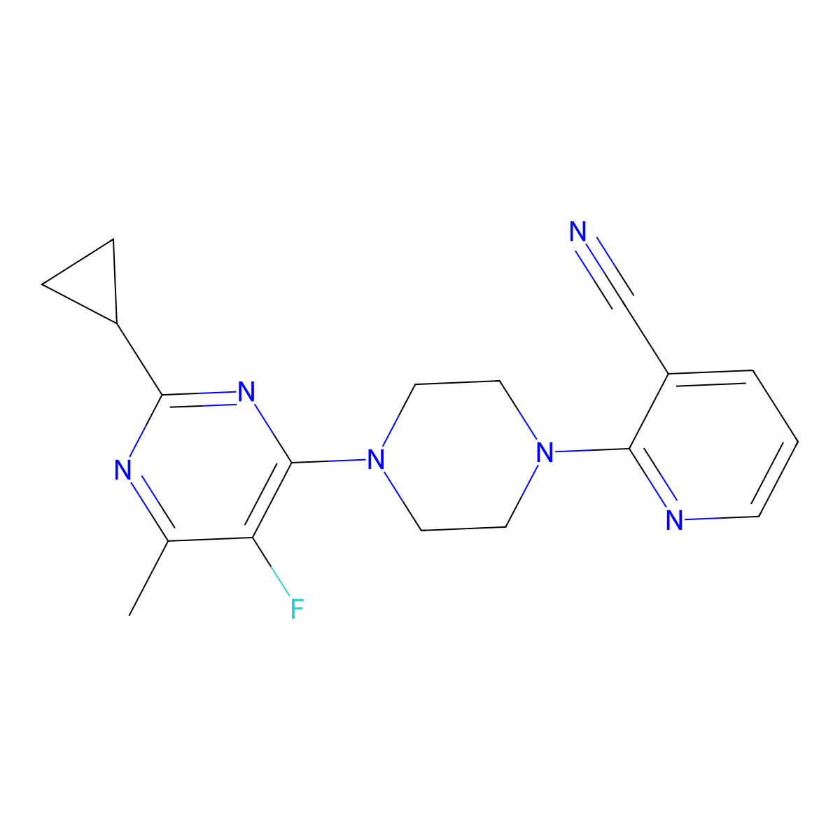 2-[4-(2-Cyclopropyl-5-fluoro-6-methylpyrimidin-4-yl)piperazin-1-yl]pyridine-3-carbonitrile molecular structure, CAS 2640965-20-2