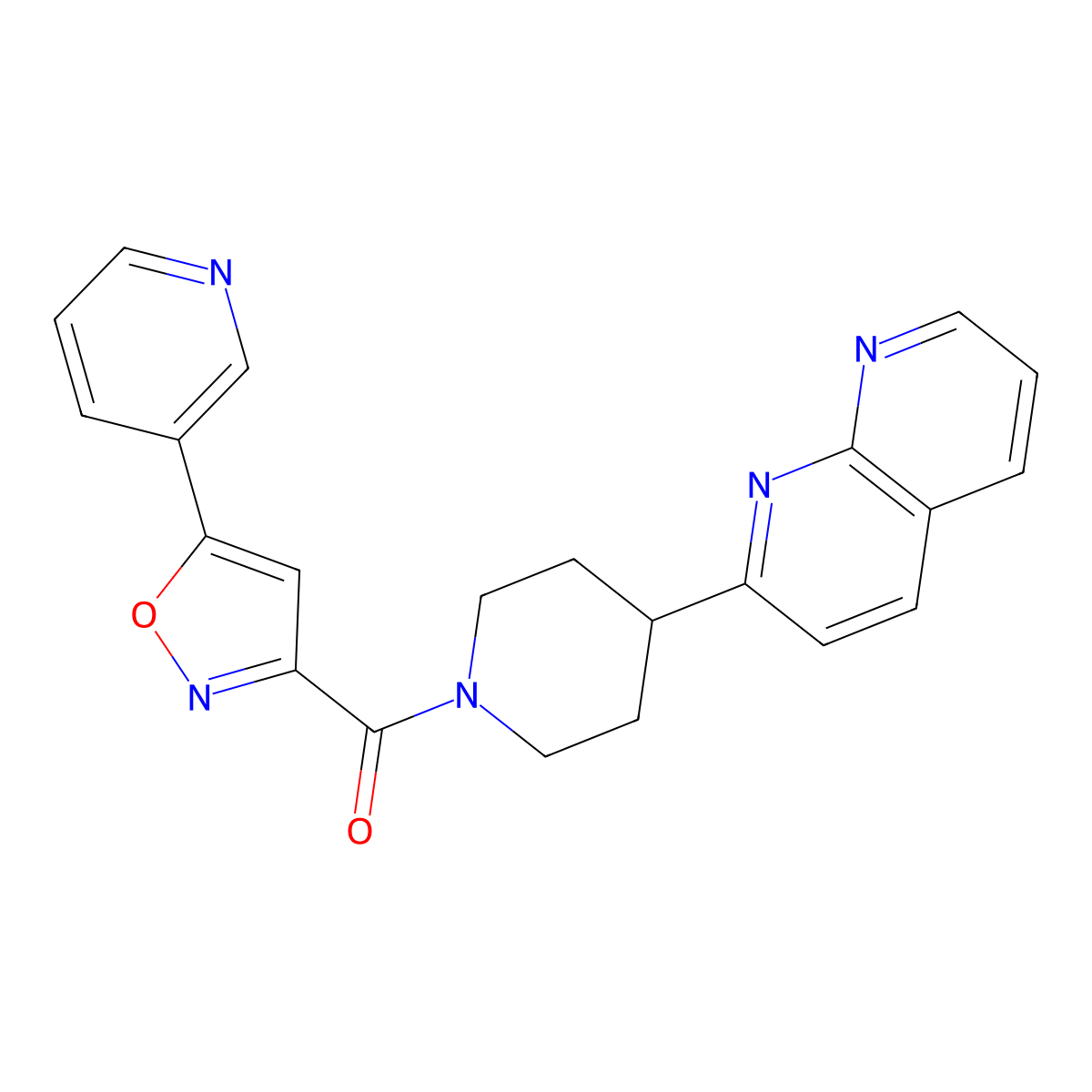 2-{1-[5-(Pyridin-3-yl)-1,2-oxazole-3-carbonyl]piperidin-4-yl}-1,8-naphthyridine molecular structure, CAS 2640965-22-4
