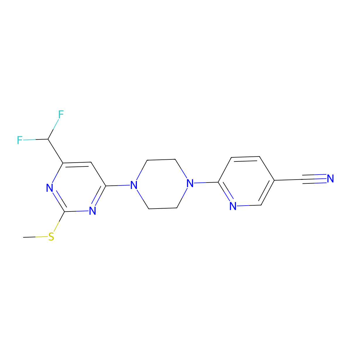 6-{4-[6-(Difluoromethyl)-2-(methylsulfanyl)pyrimidin-4-yl]piperazin-1-yl}pyridine-3-carbonitrile molecular structure, CAS 2640965-27-9