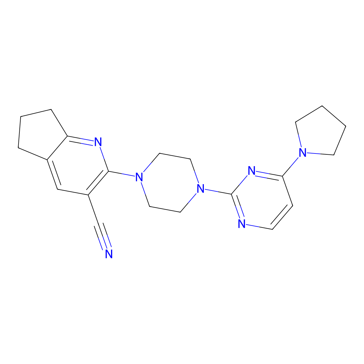 2-{4-[4-(pyrrolidin-1-yl)pyrimidin-2-yl]piperazin-1-yl}-5H,6H,7H-cyclopenta[b]pyridine-3-carbonitrile molecular structure, CAS 2640965-32-6