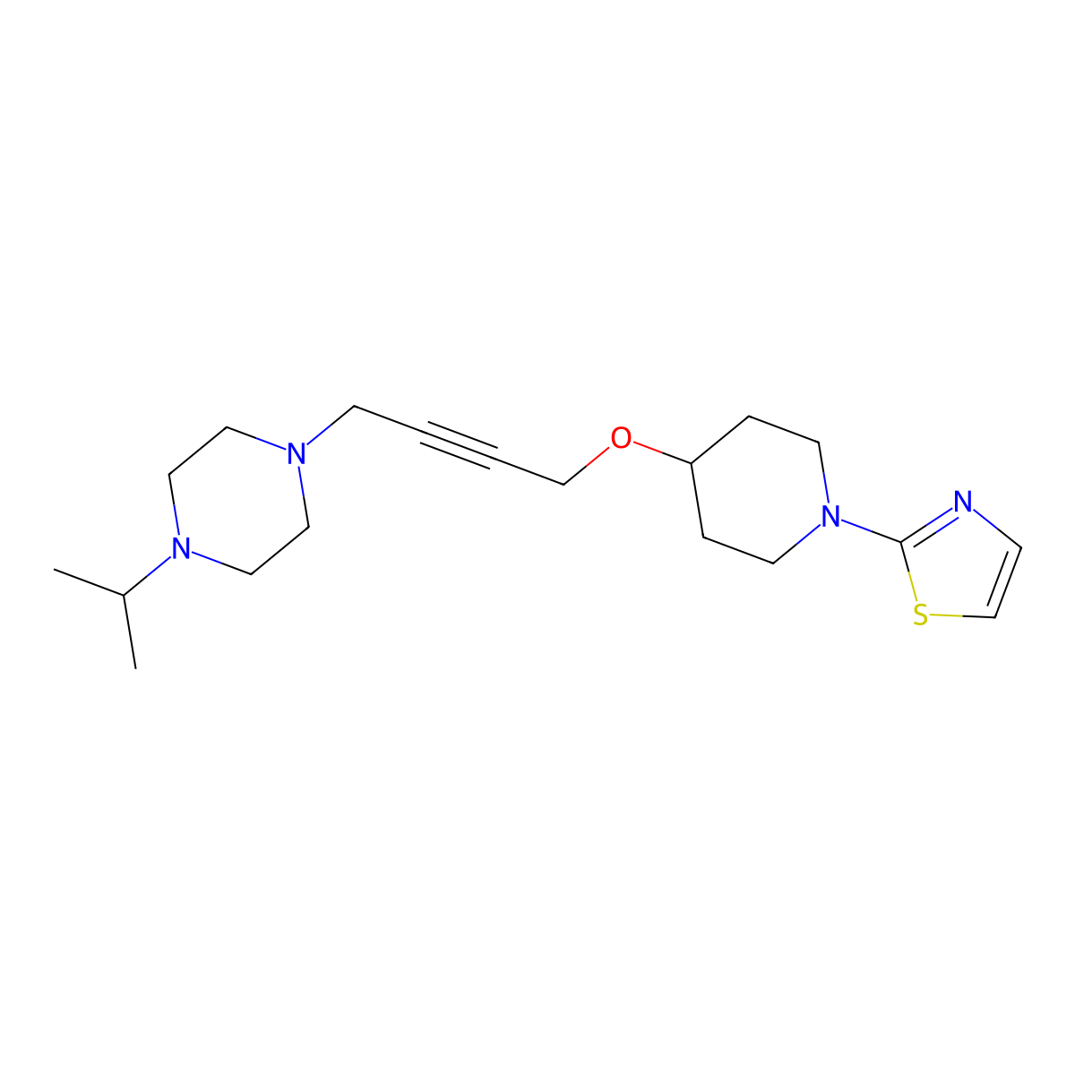 1-(Propan-2-yl)-4-(4-{[1-(1,3-thiazol-2-yl)piperidin-4-yl]oxy}but-2-yn-1-yl)piperazine molecular structure, CAS 2640965-34-8