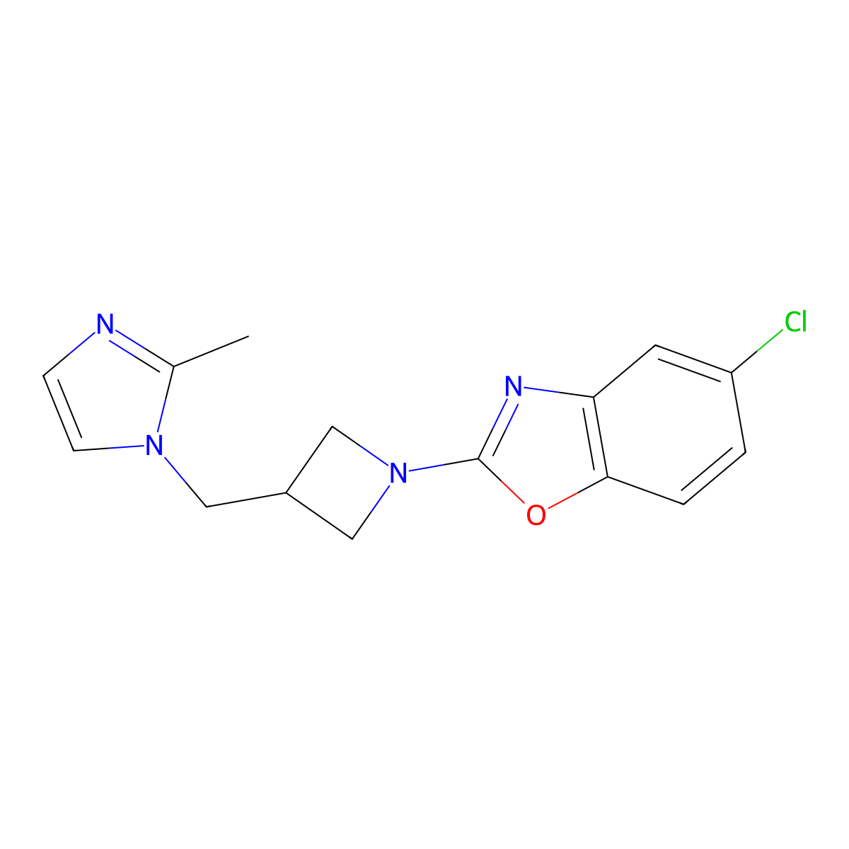 5-chloro-2-{3-[(2-methyl-1H-imidazol-1-yl)methyl]azetidin-1-yl}-1,3-benzoxazole molecular structure, CAS 2640965-35-9