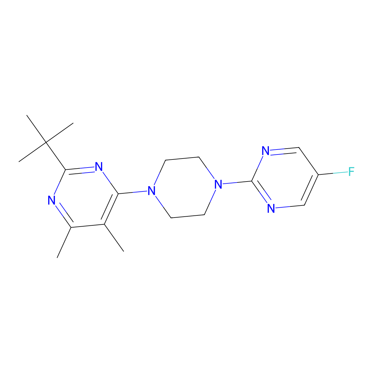 2-Tert-butyl-4-[4-(5-fluoropyrimidin-2-yl)piperazin-1-yl]-5,6-dimethylpyrimidine molecular structure, CAS 2640965-37-1