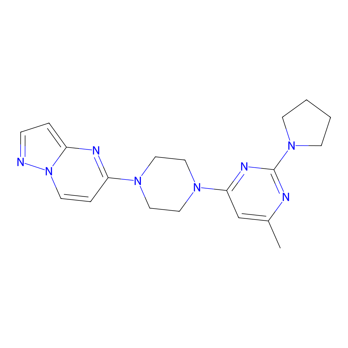 4-Methyl-6-(4-{pyrazolo[1,5-a]pyrimidin-5-yl}piperazin-1-yl)-2-(pyrrolidin-1-yl)pyrimidine molecular structure, CAS 2640965-39-3