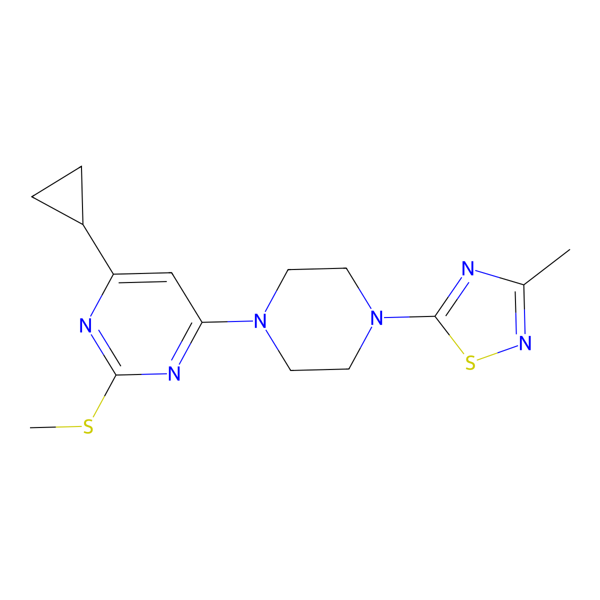 4-Cyclopropyl-6-[4-(3-methyl-1,2,4-thiadiazol-5-yl)piperazin-1-yl]-2-(methylsulfanyl)pyrimidine molecular structure, CAS 2640965-43-9