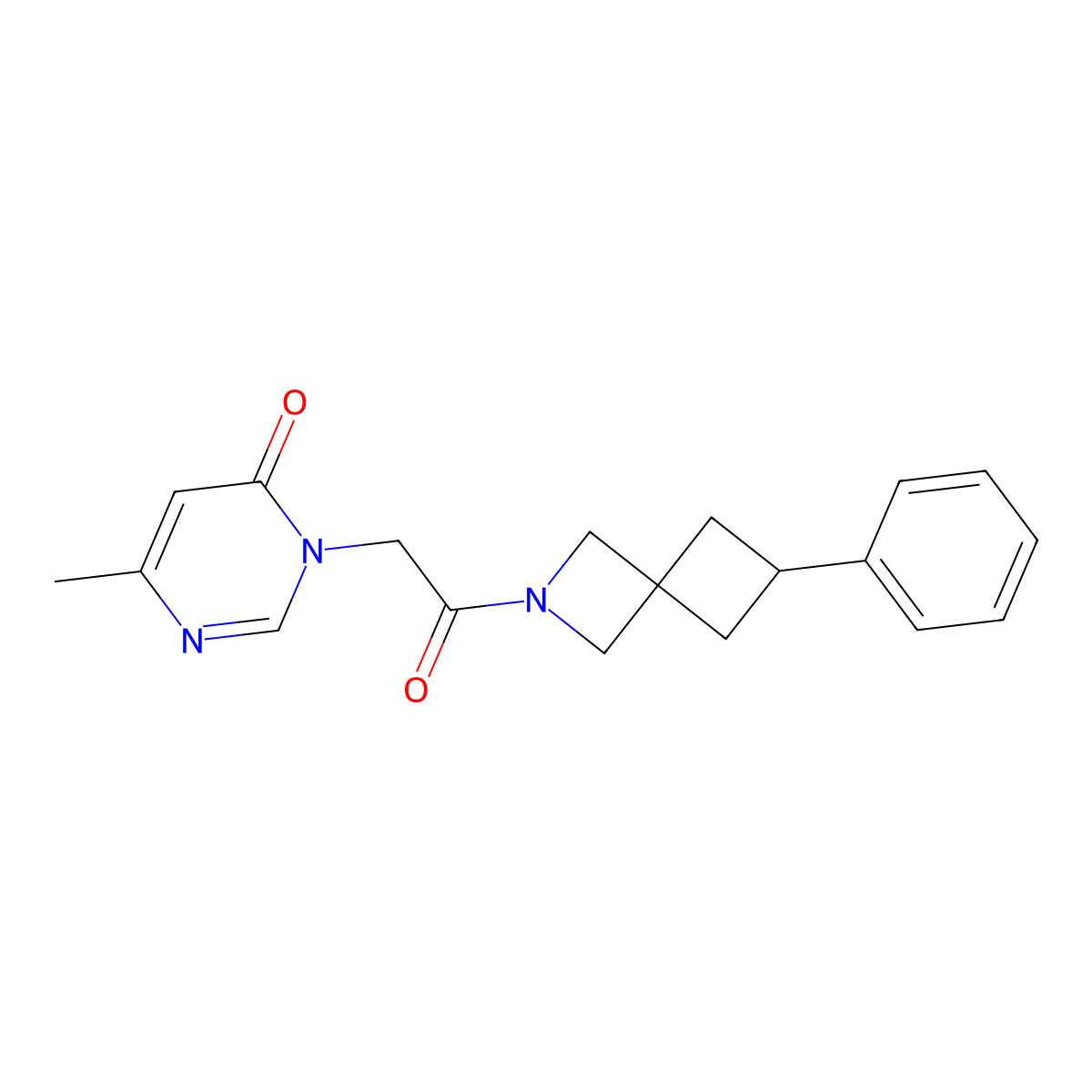 6-Methyl-3-(2-oxo-2-{6-phenyl-2-azaspiro[3.3]heptan-2-yl}ethyl)-3,4-dihydropyrimidin-4-one molecular structure, CAS 2640965-45-1