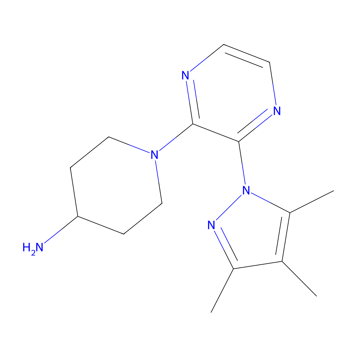 1-[3-(3,4,5-trimethyl-1H-pyrazol-1-yl)pyrazin-2-yl]piperidin-4-amine molecular structure, CAS 2640965-48-4