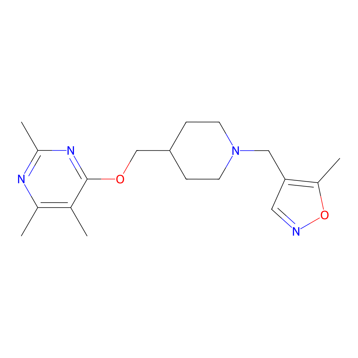 2,4,5-Trimethyl-6-({1-[(5-methyl-1,2-oxazol-4-yl)methyl]piperidin-4-yl}methoxy)pyrimidine molecular structure, CAS 2640965-49-5