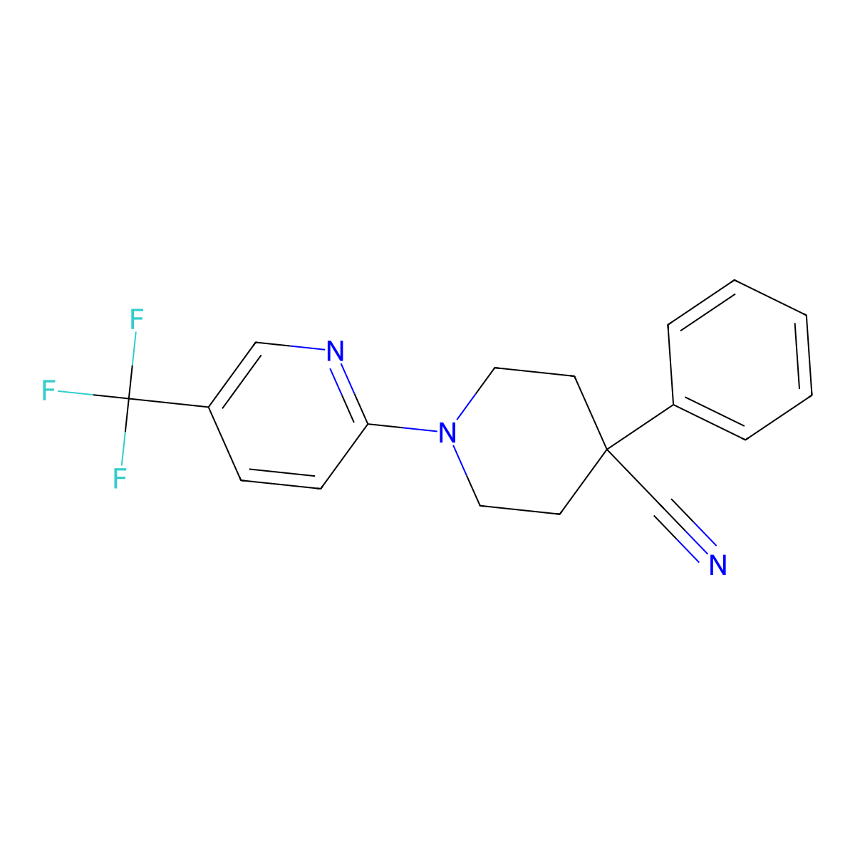 4-Phenyl-1-[5-(trifluoromethyl)pyridin-2-yl]piperidine-4-carbonitrile molecular structure, CAS 2640965-59-7