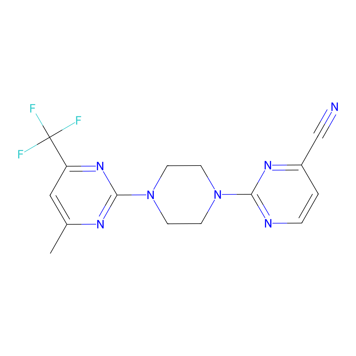 2-{4-[4-Methyl-6-(trifluoromethyl)pyrimidin-2-yl]piperazin-1-yl}pyrimidine-4-carbonitrile molecular structure, CAS 2640965-63-3