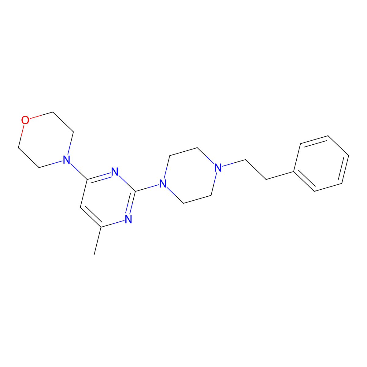 4-{6-Methyl-2-[4-(2-phenylethyl)piperazin-1-yl]pyrimidin-4-yl}morpholine molecular structure, CAS 2640965-65-5