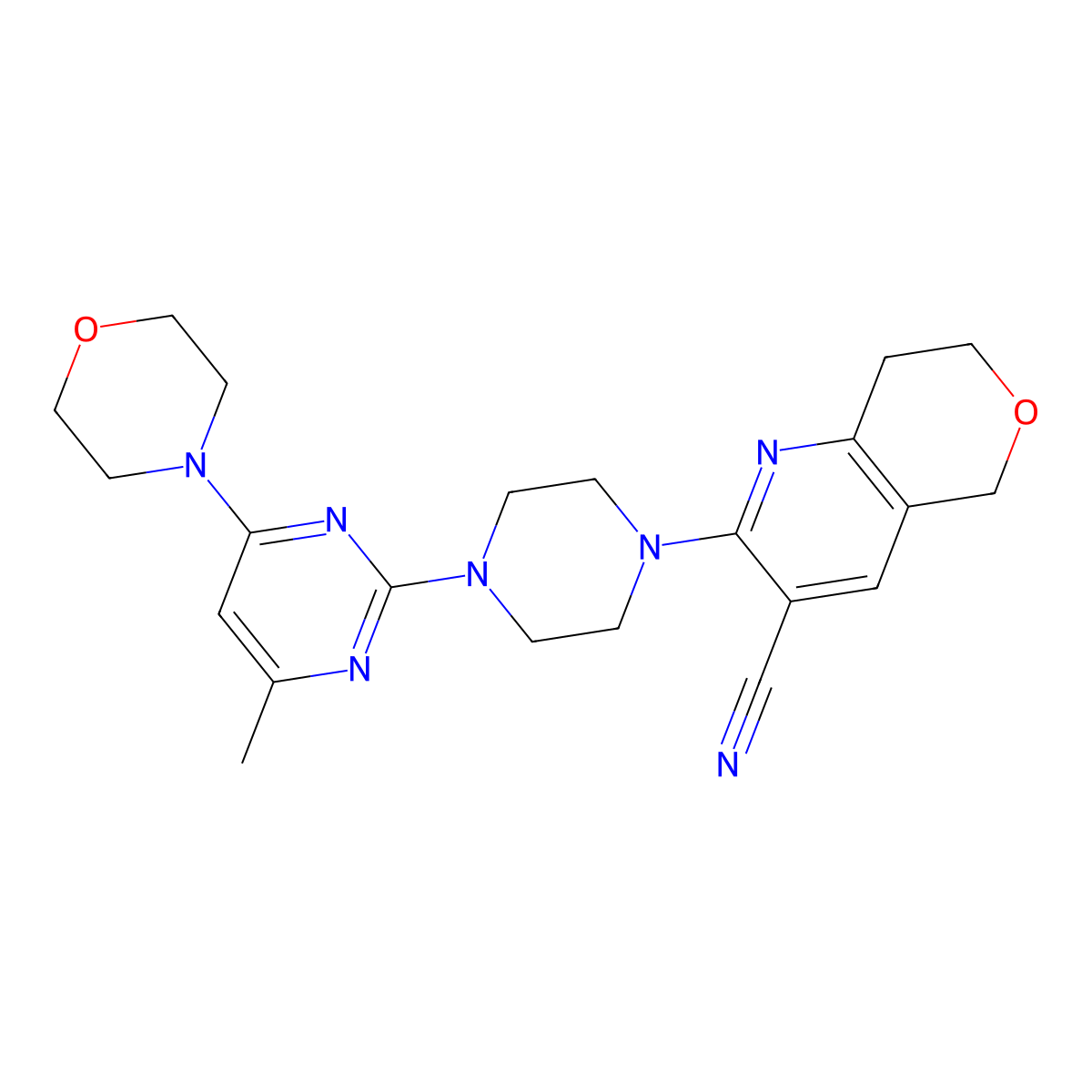 2-{4-[4-methyl-6-(morpholin-4-yl)pyrimidin-2-yl]piperazin-1-yl}-5H,7H,8H-pyrano[4,3-b]pyridine-3-carbonitrile molecular structure, CAS 2640965-73-5