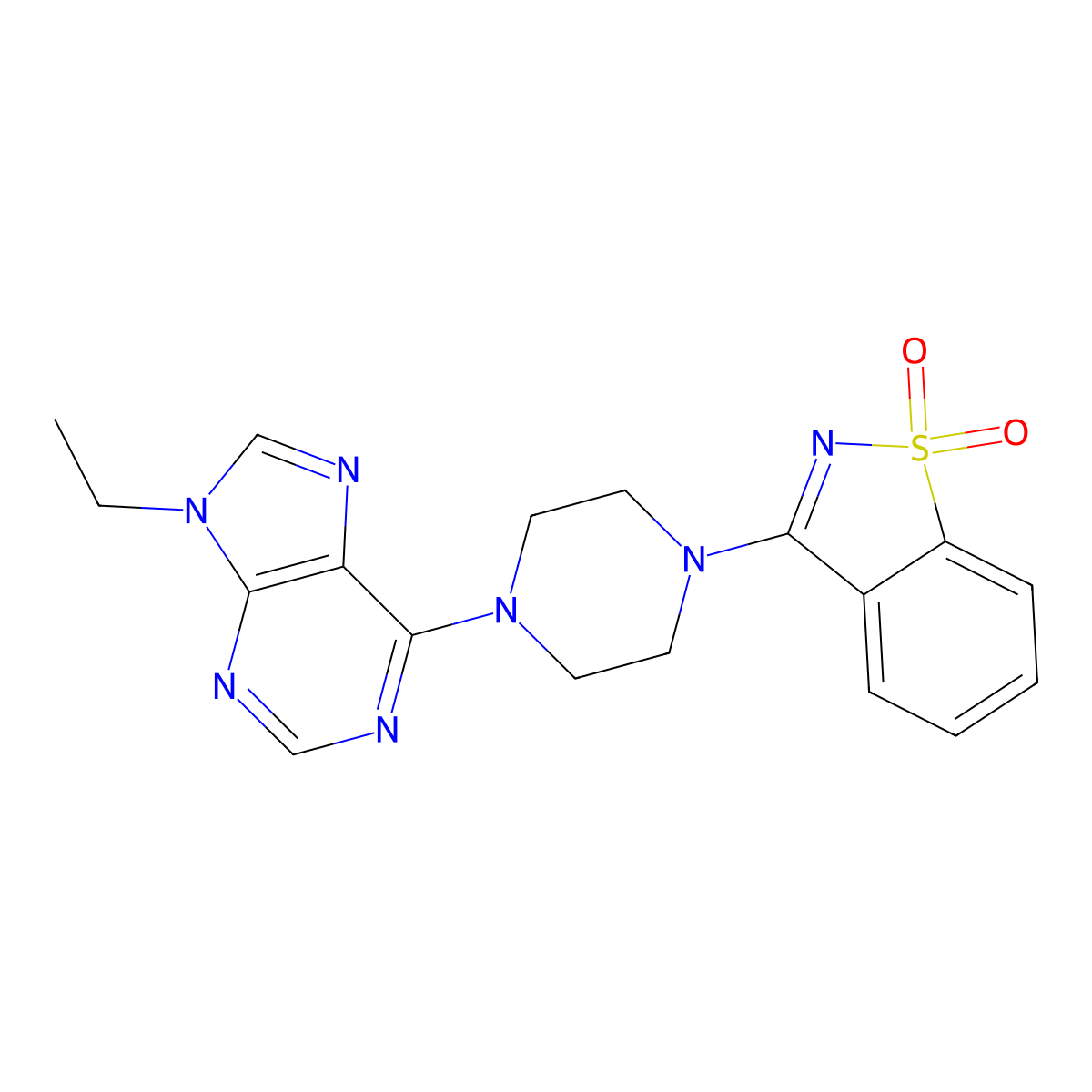 3-[4-(9-Ethylpurin-6-yl)piperazin-1-yl]-1,2-benzothiazole 1,1-dioxide molecular structure, CAS 2640965-74-6