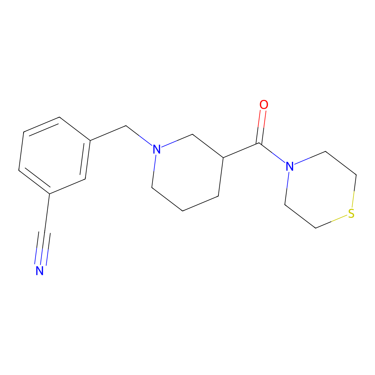 3-{[3-(Thiomorpholine-4-carbonyl)piperidin-1-yl]methyl}benzonitrile molecular structure, CAS 2640965-76-8