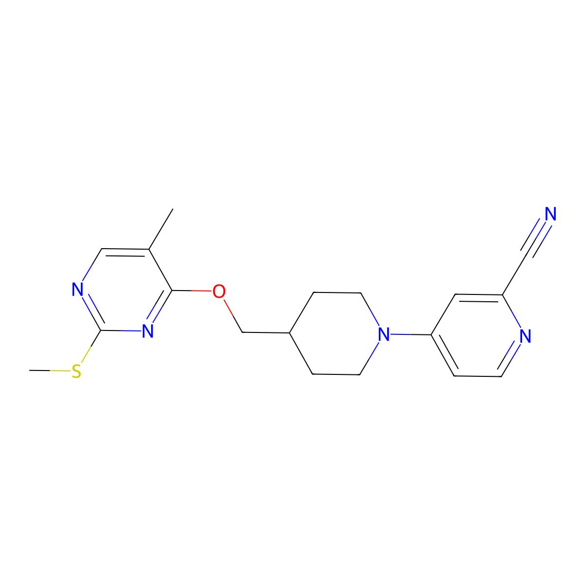 4-[4-({[5-Methyl-2-(methylsulfanyl)pyrimidin-4-yl]oxy}methyl)piperidin-1-yl]pyridine-2-carbonitrile molecular structure, CAS 2640965-78-0