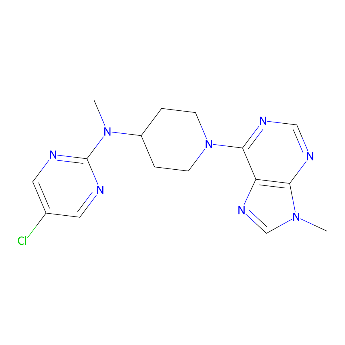 5-chloro-N-methyl-N-[1-(9-methyl-9H-purin-6-yl)piperidin-4-yl]pyrimidin-2-amine molecular structure, CAS 2640965-80-4