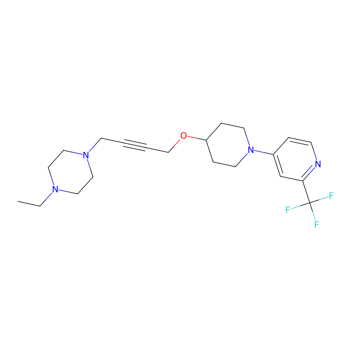 1-Ethyl-4-[4-({1-[2-(trifluoromethyl)pyridin-4-yl]piperidin-4-yl}oxy)but-2-yn-1-yl]piperazine molecular structure, CAS 2640965-82-6