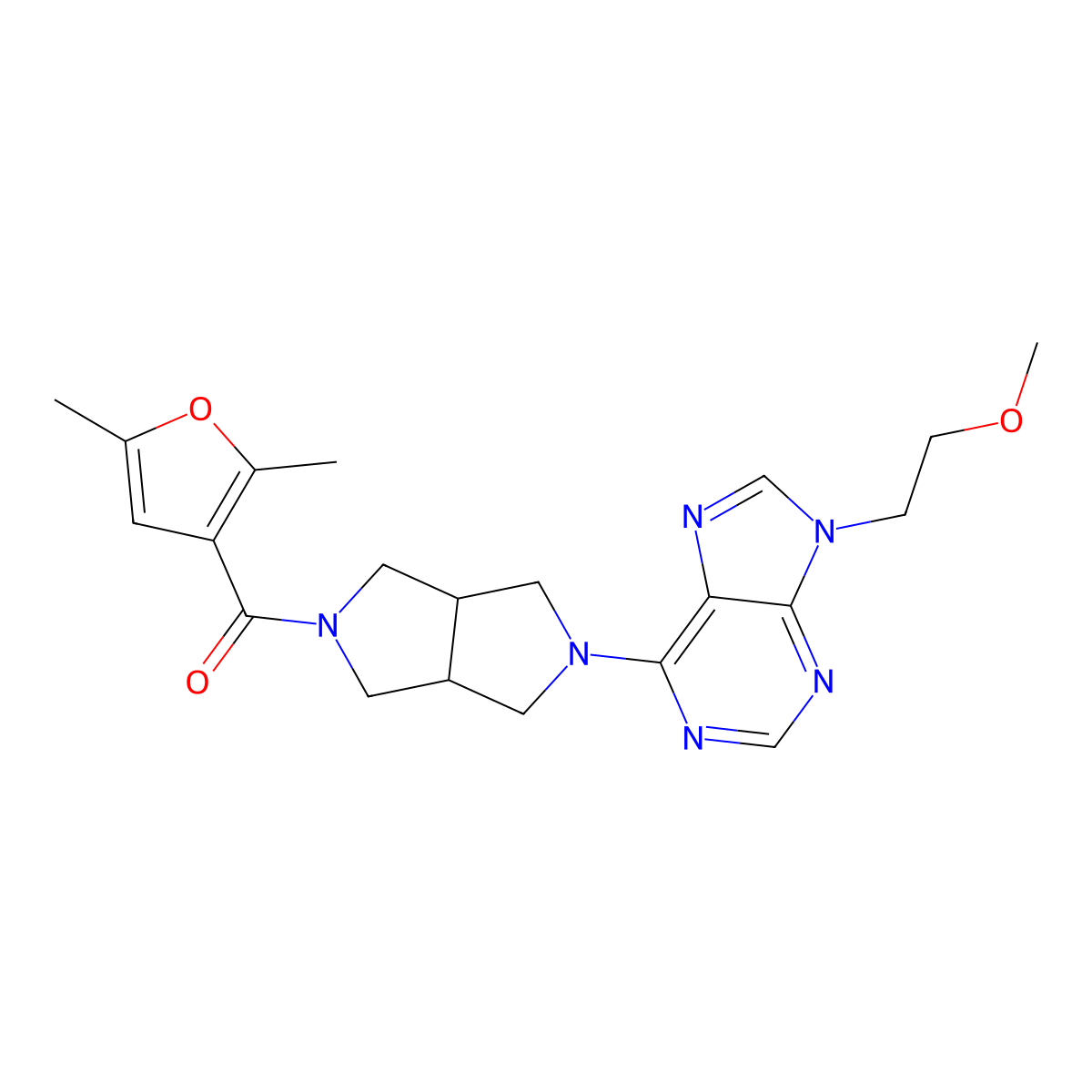 6-[5-(2,5-dimethylfuran-3-carbonyl)-octahydropyrrolo[3,4-c]pyrrol-2-yl]-9-(2-methoxyethyl)-9H-purine molecular structure, CAS 2640965-83-7