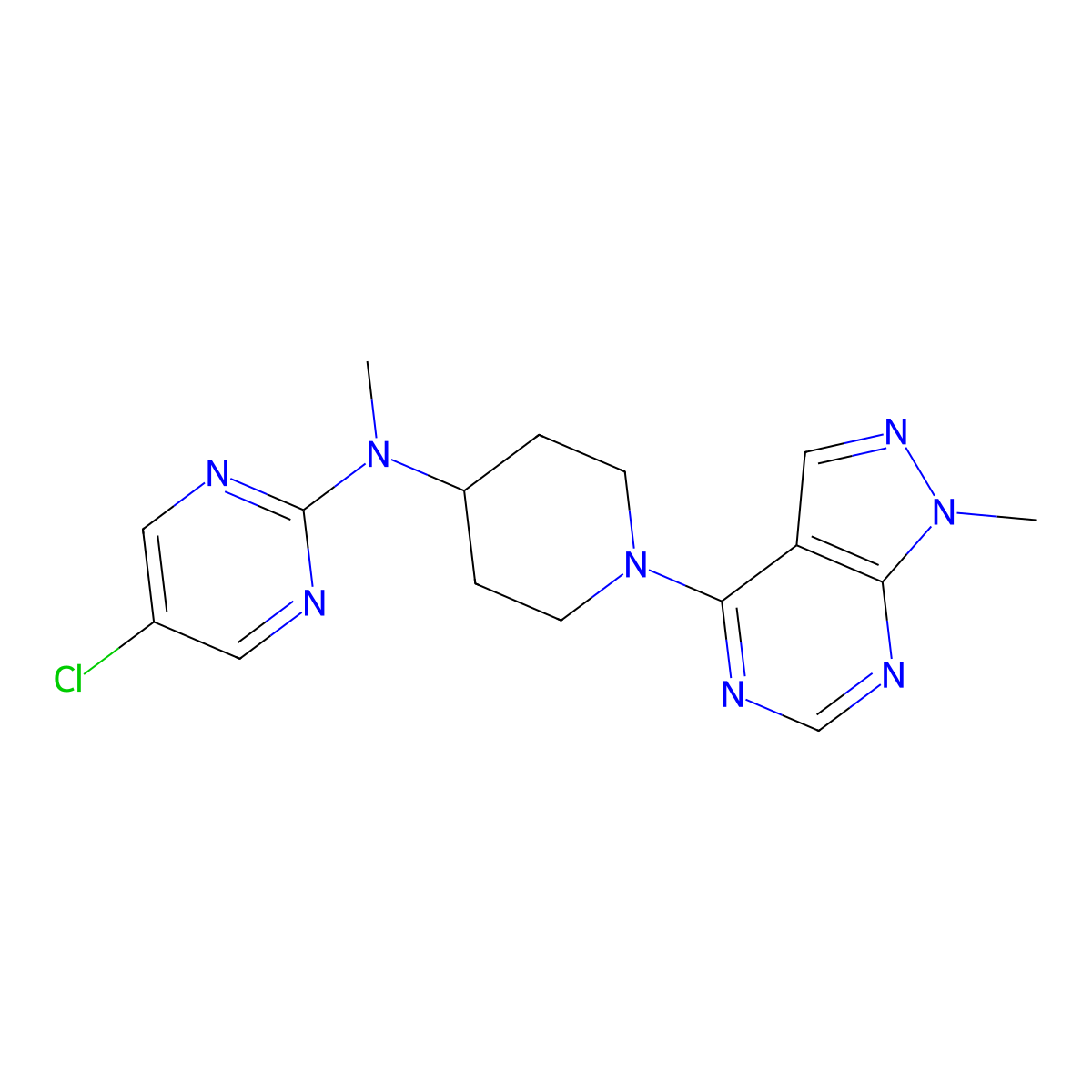 5-chloro-N-methyl-N-(1-{1-methyl-1H-pyrazolo[3,4-d]pyrimidin-4-yl}piperidin-4-yl)pyrimidin-2-amine molecular structure, CAS 2640965-89-3