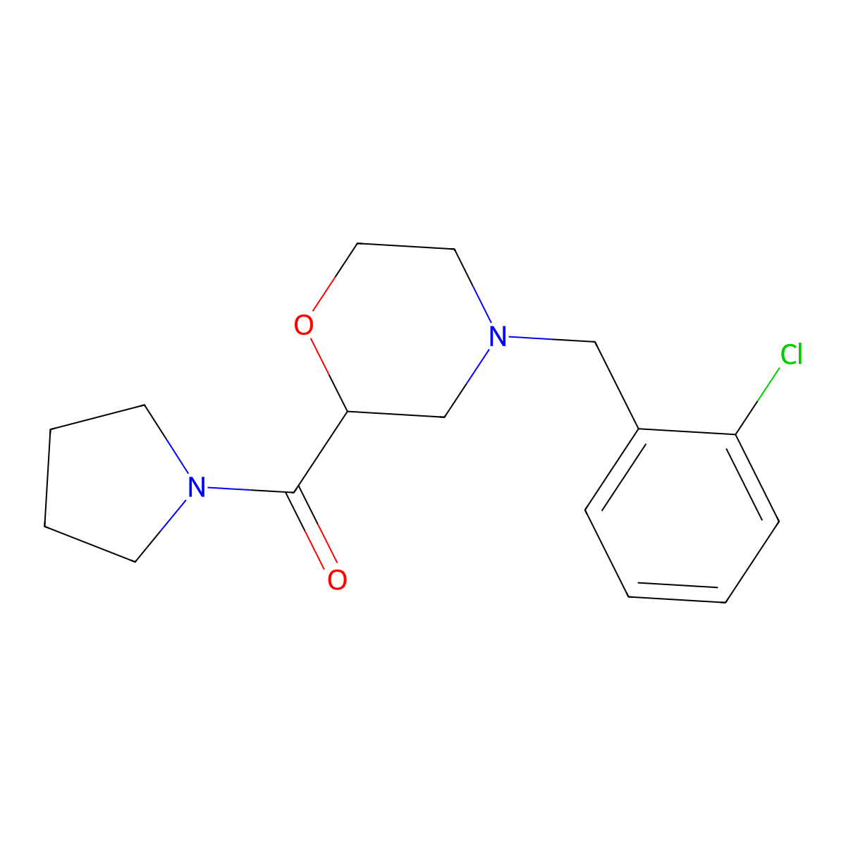 4-[(2-Chlorophenyl)methyl]-2-(pyrrolidine-1-carbonyl)morpholine molecular structure, CAS 2640965-90-6