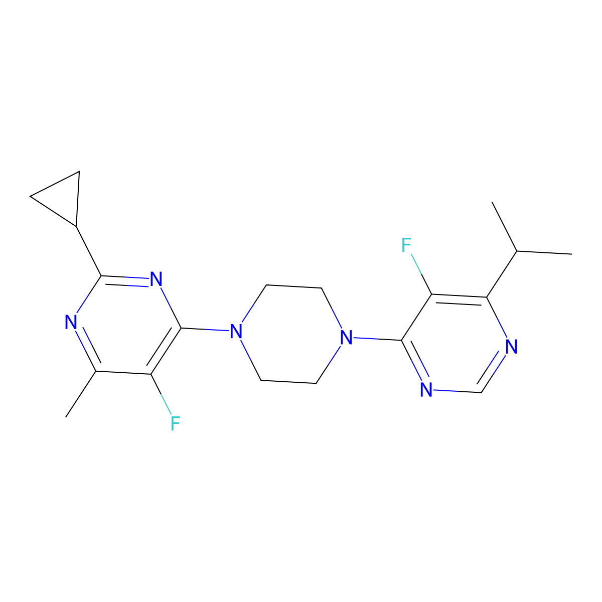 2-Cyclopropyl-5-fluoro-4-{4-[5-fluoro-6-(propan-2-yl)pyrimidin-4-yl]piperazin-1-yl}-6-methylpyrimidine molecular structure, CAS 2640965-95-1