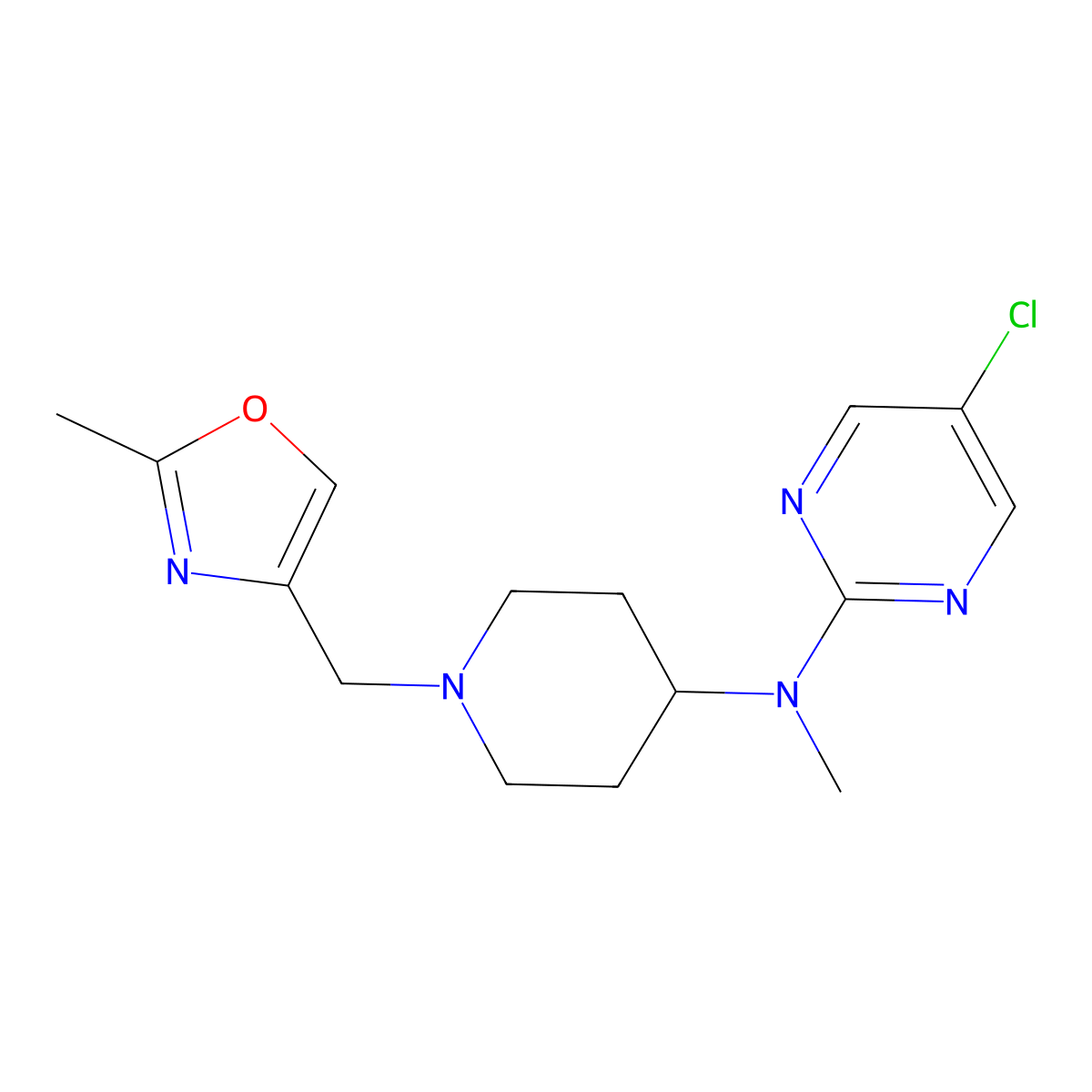 5-chloro-N-methyl-N-{1-[(2-methyl-1,3-oxazol-4-yl)methyl]piperidin-4-yl}pyrimidin-2-amine molecular structure, CAS 2640966-15-8