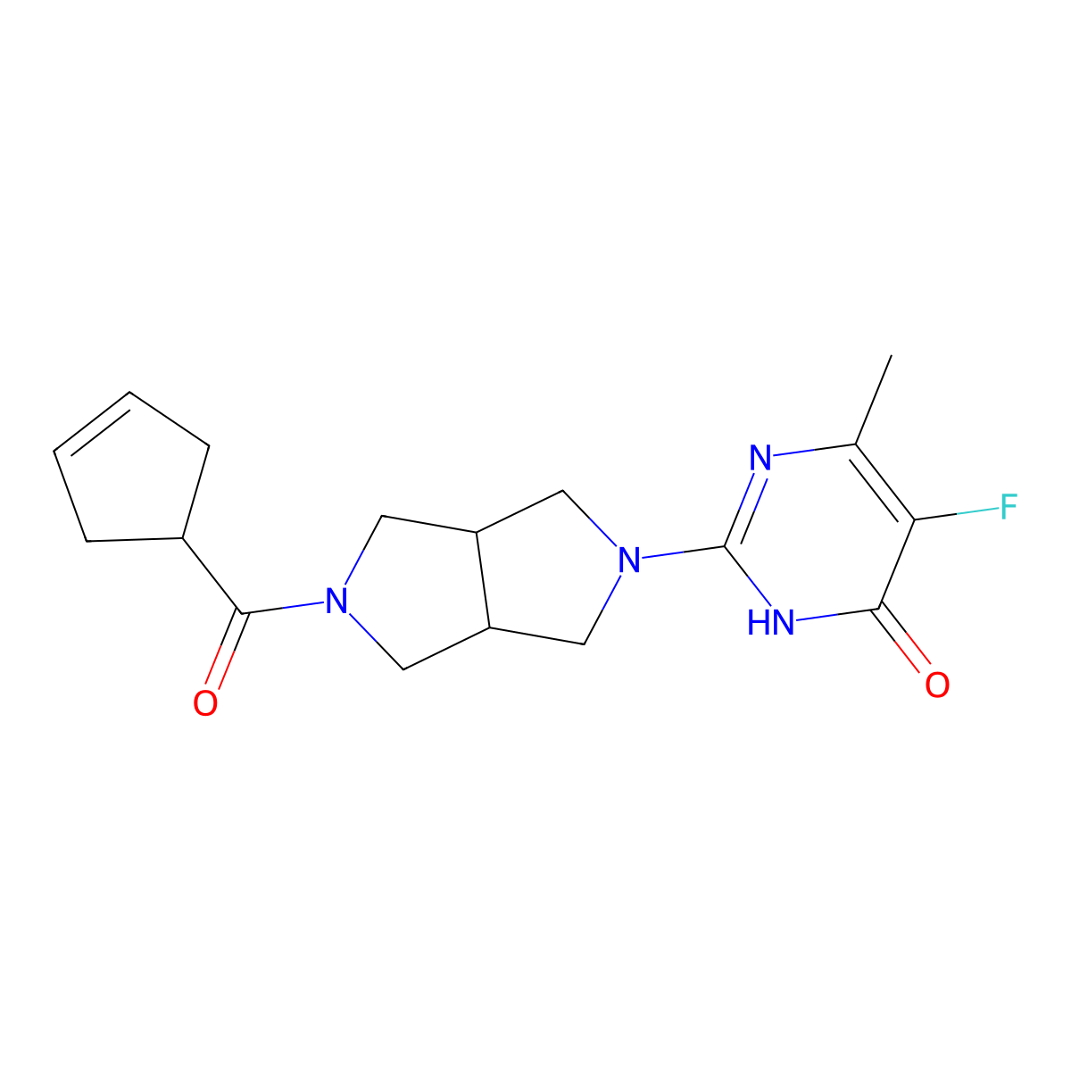 2-[5-(Cyclopent-3-ene-1-carbonyl)-octahydropyrrolo[3,4-c]pyrrol-2-yl]-5-fluoro-6-methyl-3,4-dihydropyrimidin-4-one molecular structure, CAS 2640966-17-0