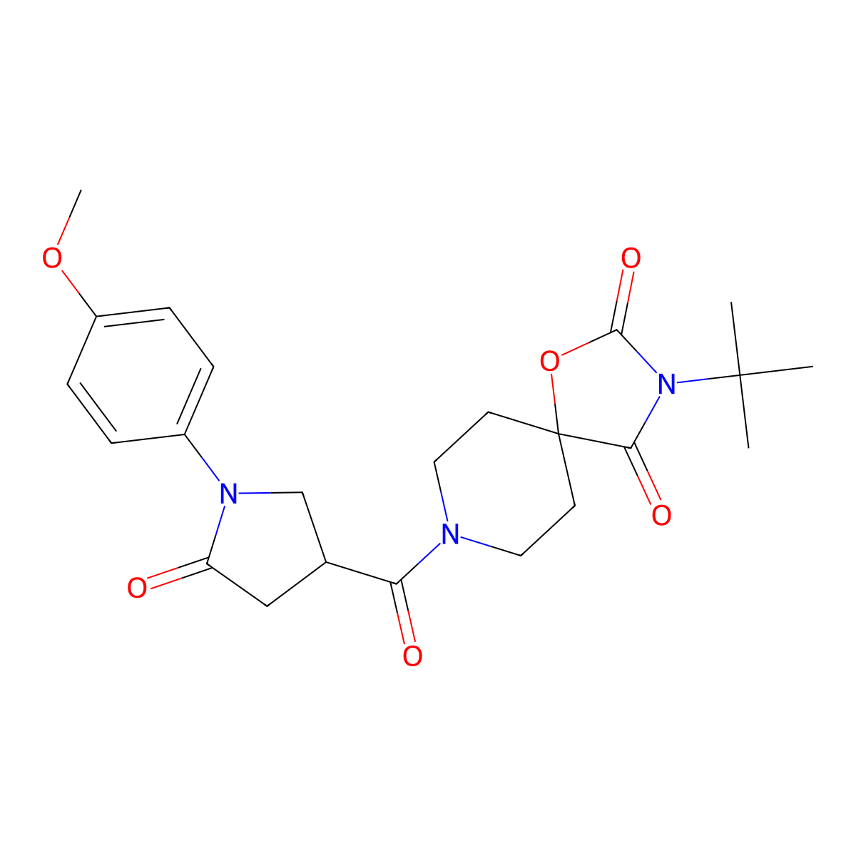 3-Tert-butyl-8-[1-(4-methoxyphenyl)-5-oxopyrrolidine-3-carbonyl]-1-oxa-3,8-diazaspiro[4.5]decane-2,4-dione molecular structure, CAS 2640966-19-2
