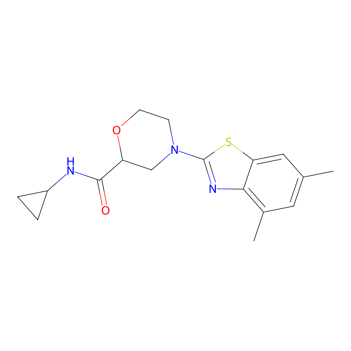 N-cyclopropyl-4-(4,6-dimethyl-1,3-benzothiazol-2-yl)morpholine-2-carboxamide molecular structure, CAS 2640966-23-8