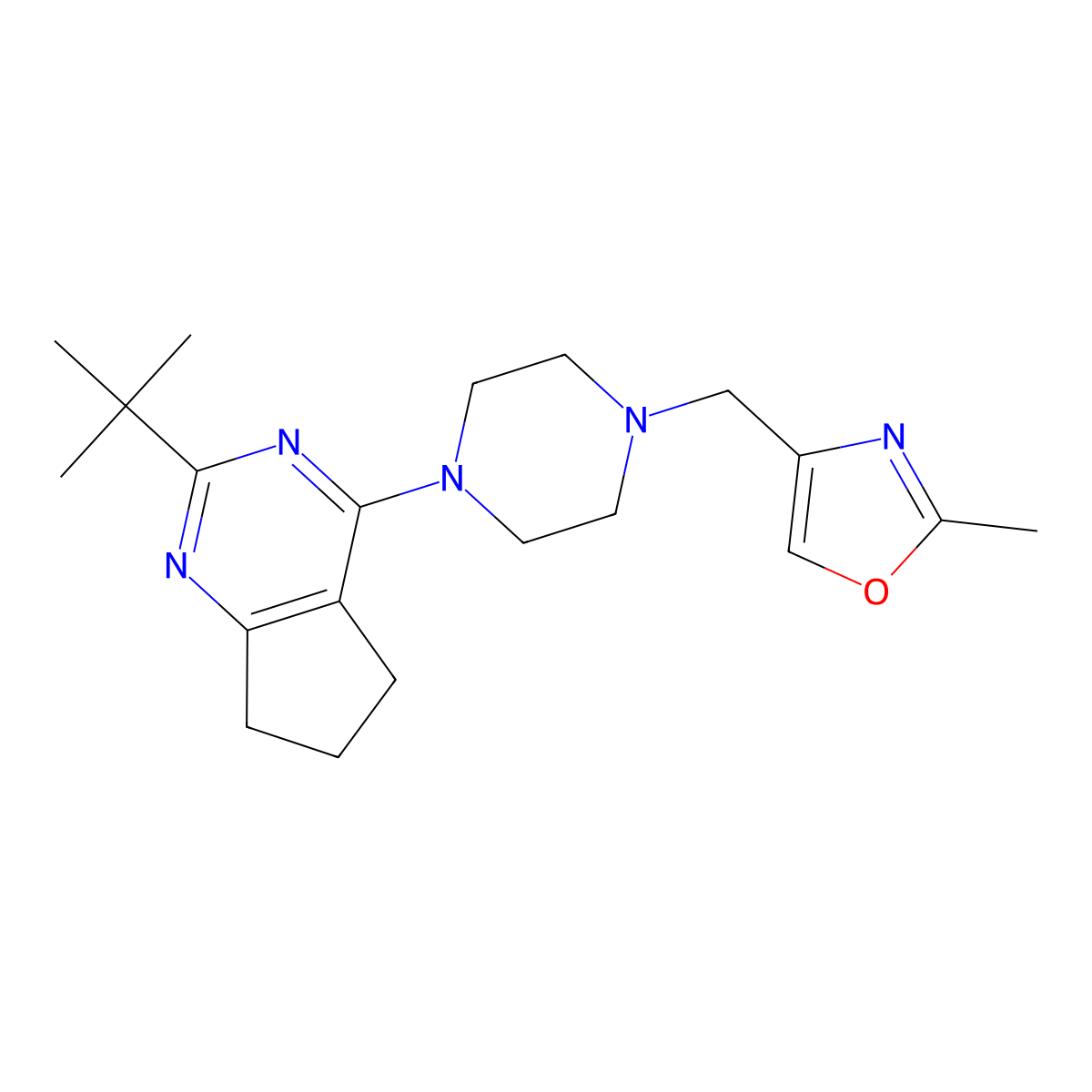 1-{2-tert-butyl-5H,6H,7H-cyclopenta[d]pyrimidin-4-yl}-4-[(2-methyl-1,3-oxazol-4-yl)methyl]piperazine molecular structure, CAS 2640966-26-1