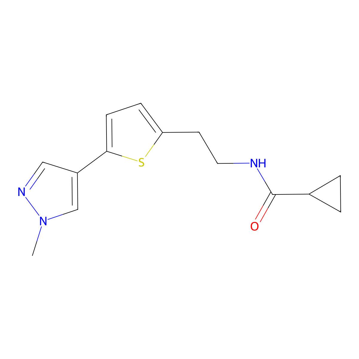 N-{2-[5-(1-methyl-1H-pyrazol-4-yl)thiophen-2-yl]ethyl}cyclopropanecarboxamide molecular structure, CAS 2640966-27-2