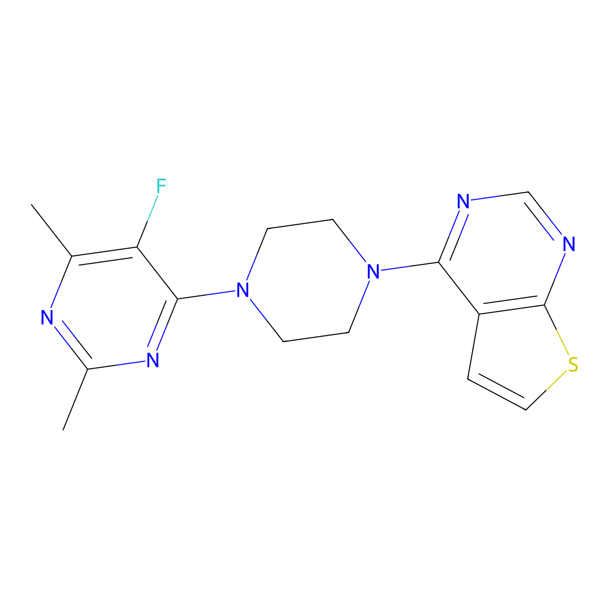 5-Fluoro-2,4-dimethyl-6-(4-{thieno[2,3-d]pyrimidin-4-yl}piperazin-1-yl)pyrimidine molecular structure, CAS 2640966-29-4