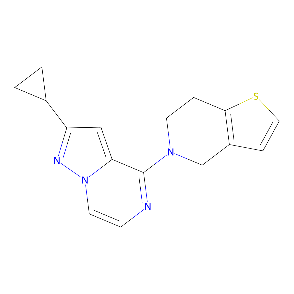 2-cyclopropyl-4-{4H,5H,6H,7H-thieno[3,2-c]pyridin-5-yl}pyrazolo[1,5-a]pyrazine molecular structure, CAS 2640966-30-7