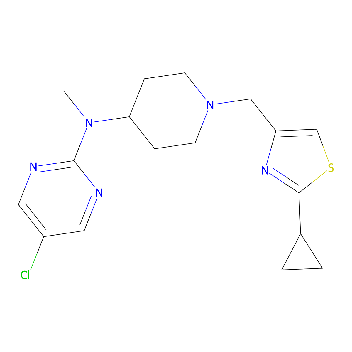 5-chloro-N-{1-[(2-cyclopropyl-1,3-thiazol-4-yl)methyl]piperidin-4-yl}-N-methylpyrimidin-2-amine molecular structure, CAS 2640966-33-0