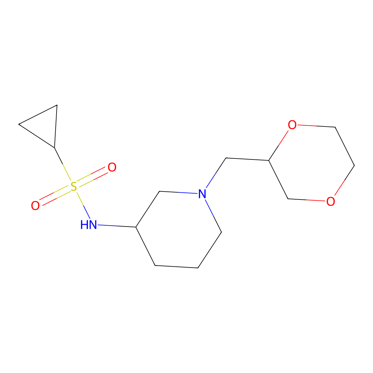 N-{1-[(1,4-dioxan-2-yl)methyl]piperidin-3-yl}cyclopropanesulfonamide molecular structure, CAS 2640966-40-9