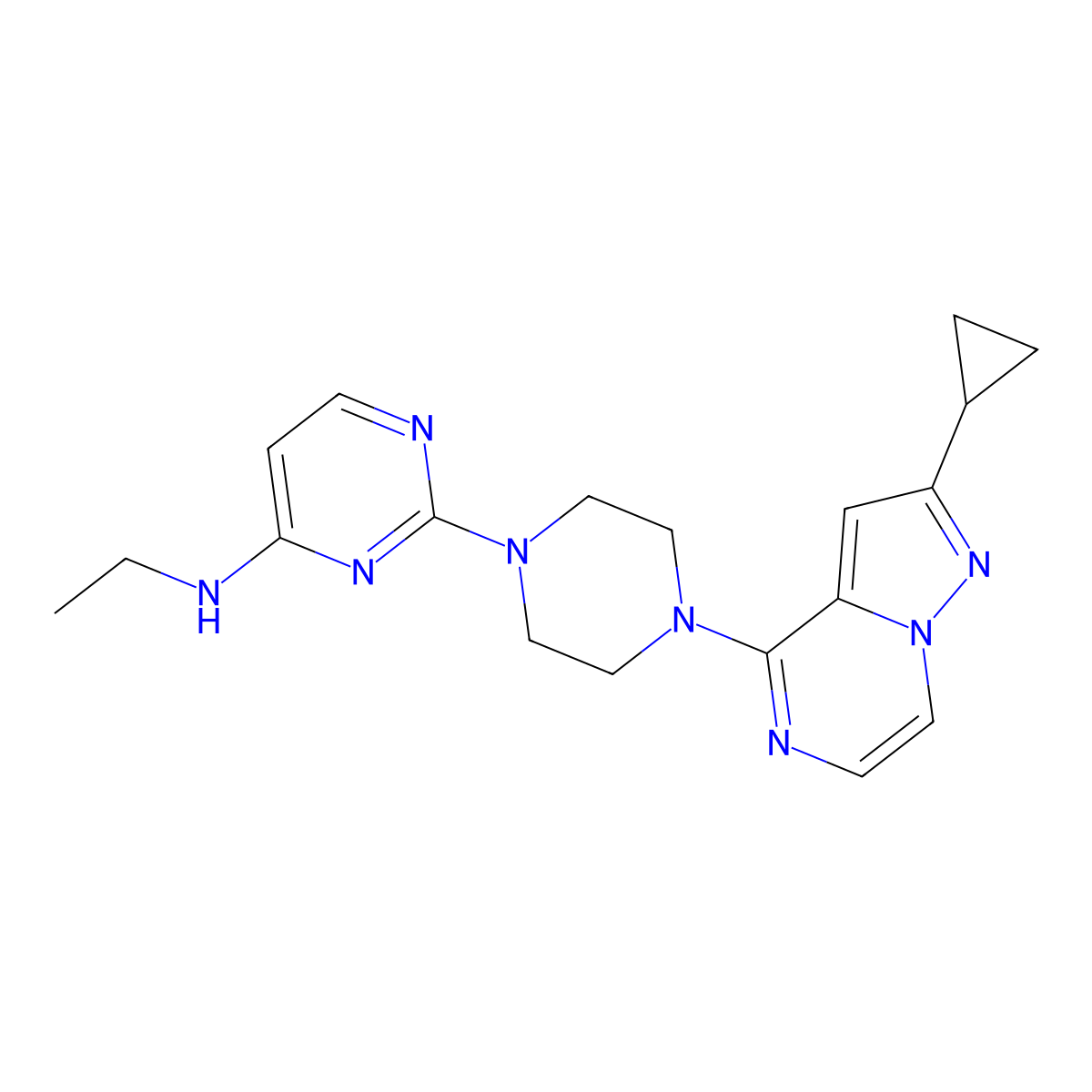 2-(4-{2-cyclopropylpyrazolo[1,5-a]pyrazin-4-yl}piperazin-1-yl)-N-ethylpyrimidin-4-amine molecular structure, CAS 2640966-46-5