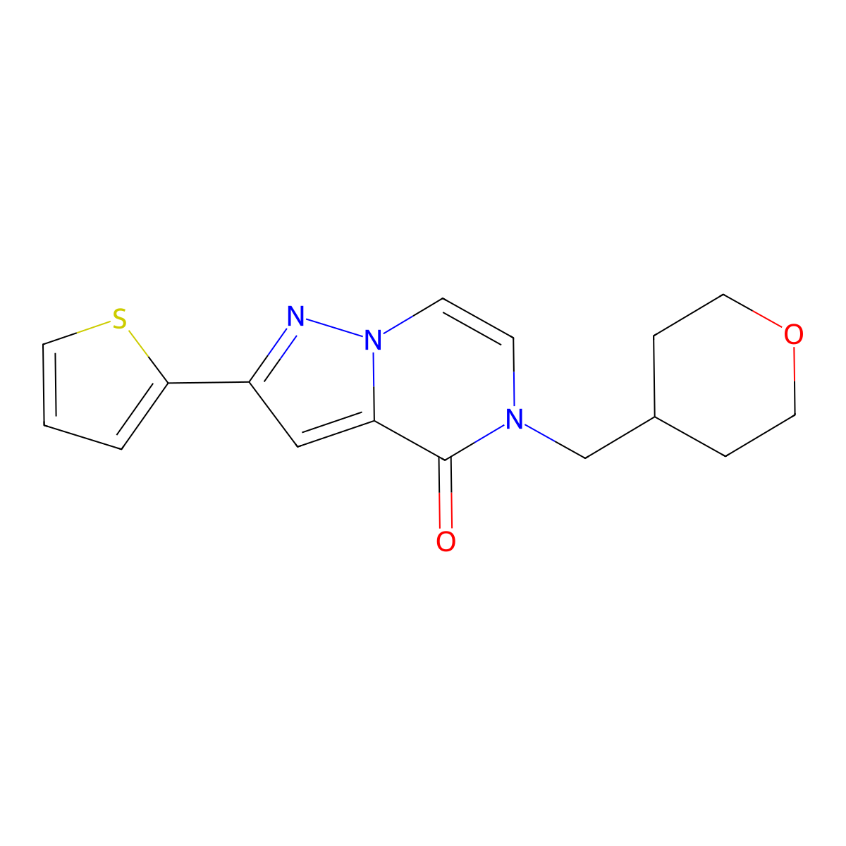 5-[(oxan-4-yl)methyl]-2-(thiophen-2-yl)-4H,5H-pyrazolo[1,5-a]pyrazin-4-one molecular structure, CAS 2640966-47-6
