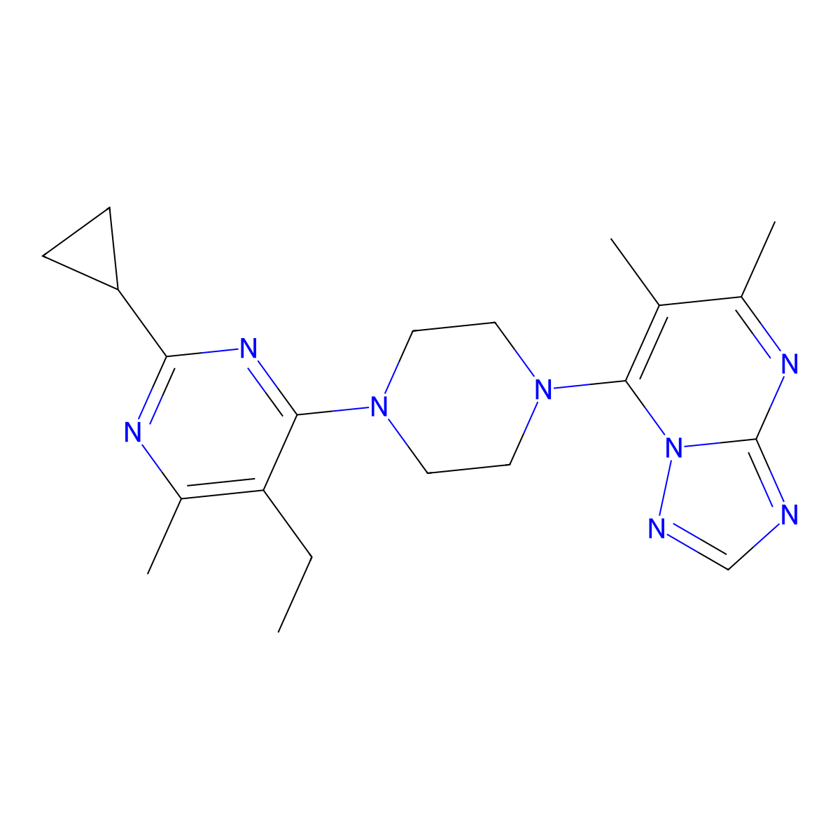 2-Cyclopropyl-4-(4-{5,6-dimethyl-[1,2,4]triazolo[1,5-a]pyrimidin-7-yl}piperazin-1-yl)-5-ethyl-6-methylpyrimidine molecular structure, CAS 2640966-48-7