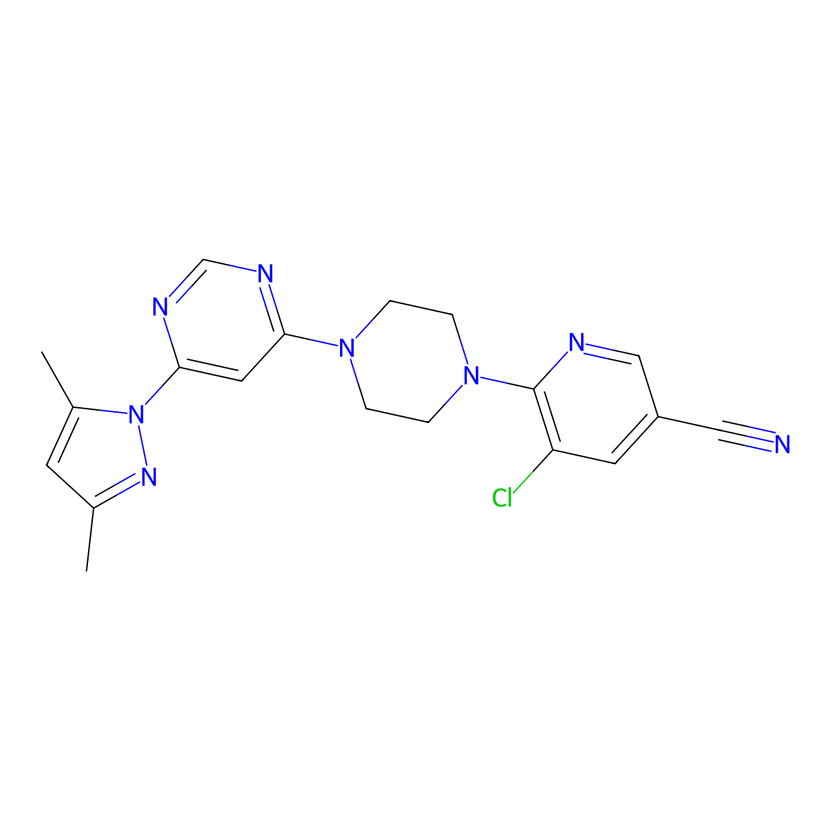 5-chloro-6-{4-[6-(3,5-dimethyl-1H-pyrazol-1-yl)pyrimidin-4-yl]piperazin-1-yl}pyridine-3-carbonitrile molecular structure, CAS 2640966-50-1