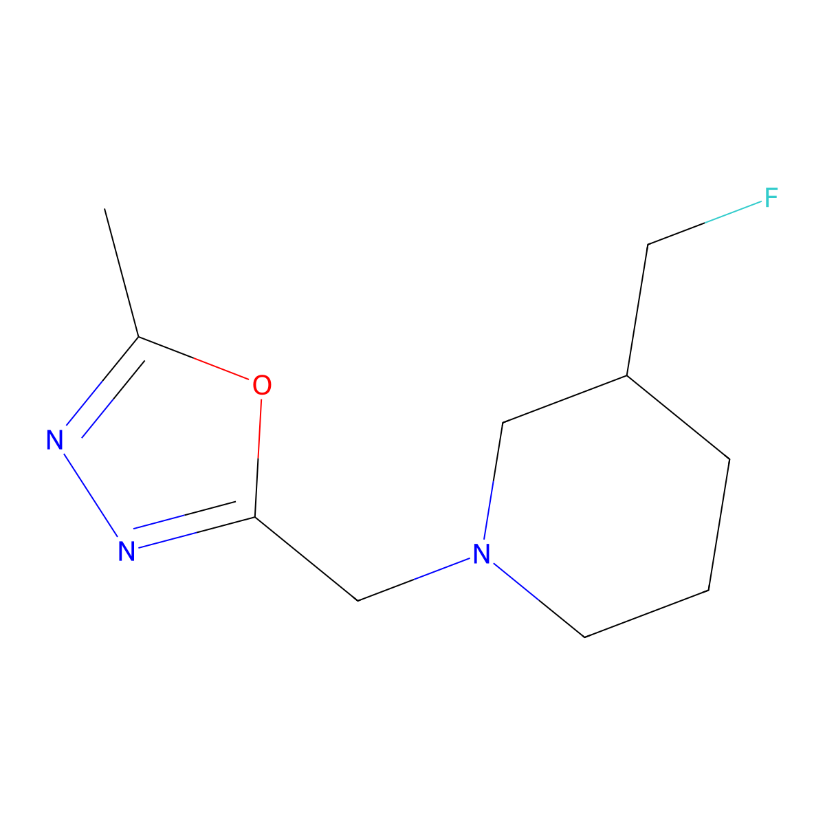 3-(Fluoromethyl)-1-[(5-methyl-1,3,4-oxadiazol-2-yl)methyl]piperidine molecular structure, CAS 2640966-59-0