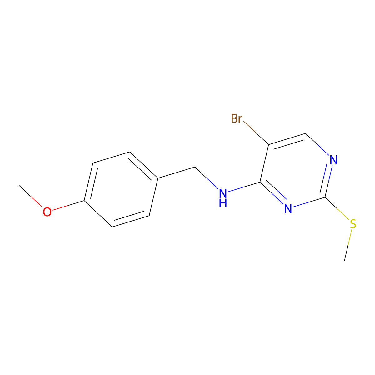 5-bromo-N-[(4-methoxyphenyl)methyl]-2-(methylsulfanyl)pyrimidin-4-amine molecular structure, CAS 2640966-61-4
