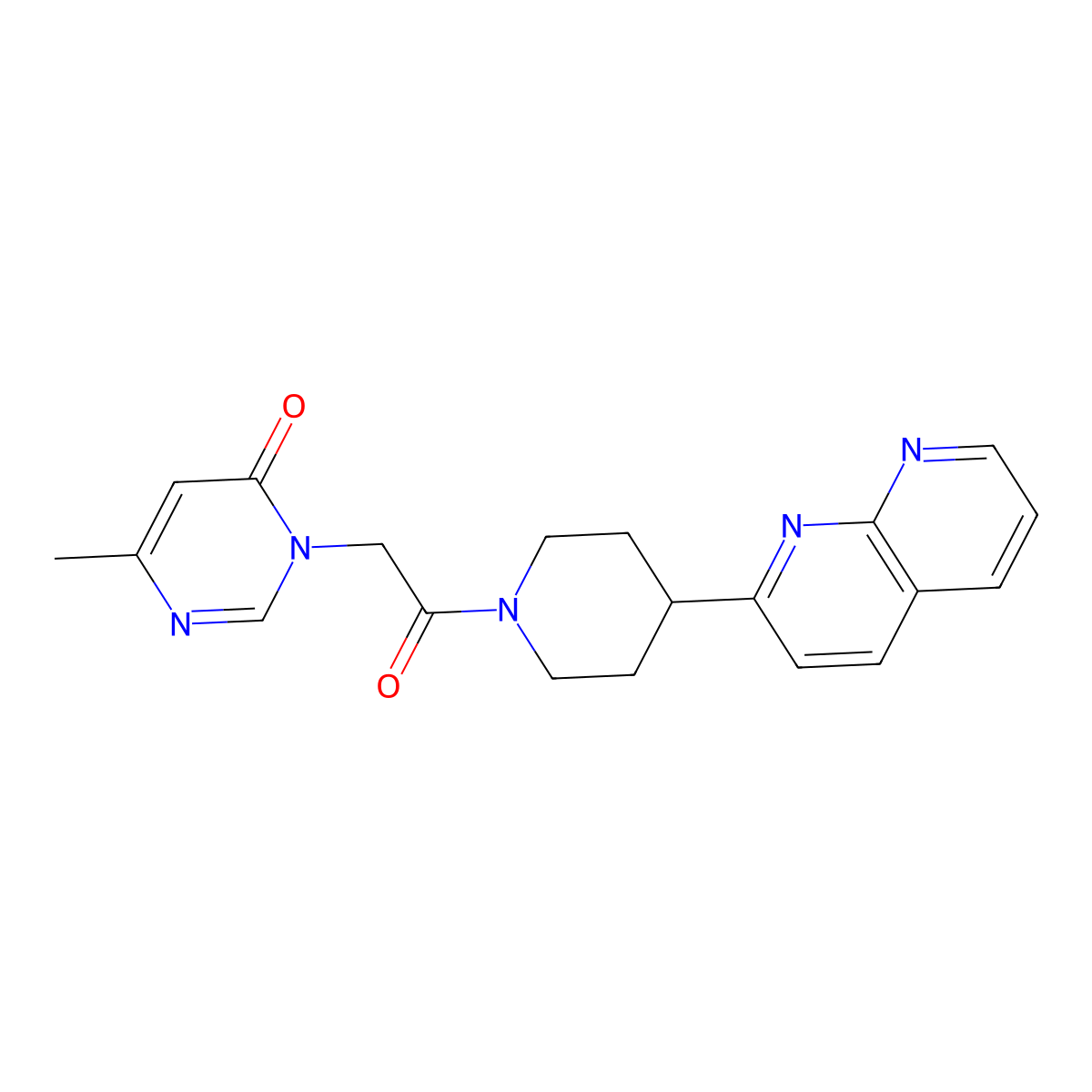 6-Methyl-3-{2-[4-(1,8-naphthyridin-2-yl)piperidin-1-yl]-2-oxoethyl}-3,4-dihydropyrimidin-4-one molecular structure, CAS 2640966-62-5