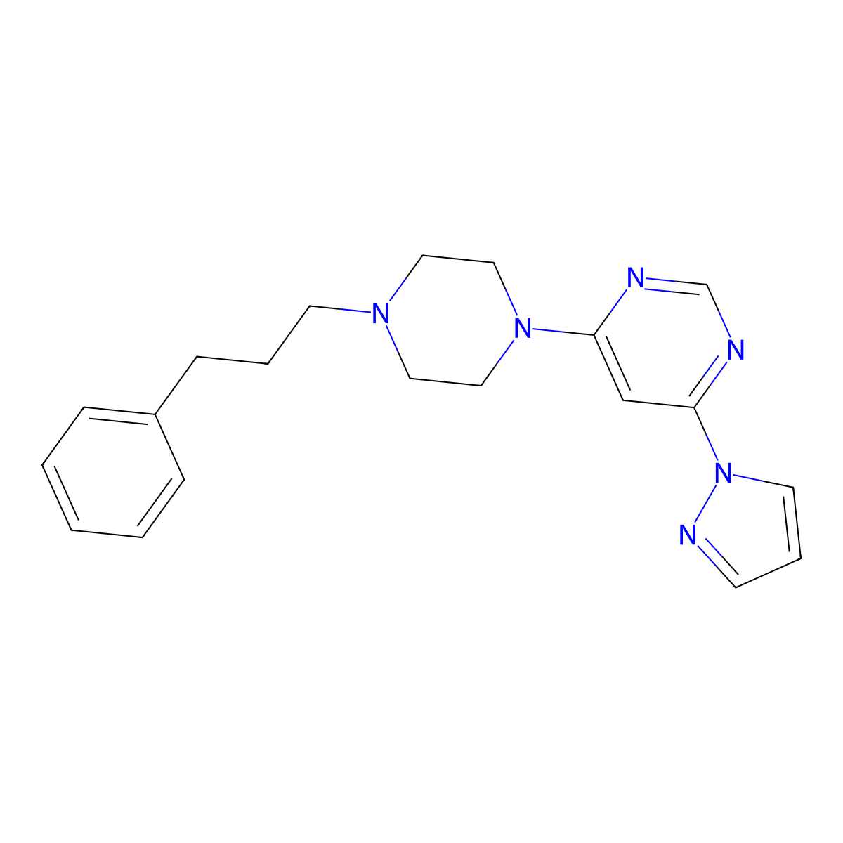 4-[4-(3-phenylpropyl)piperazin-1-yl]-6-(1H-pyrazol-1-yl)pyrimidine molecular structure, CAS 2640966-70-5