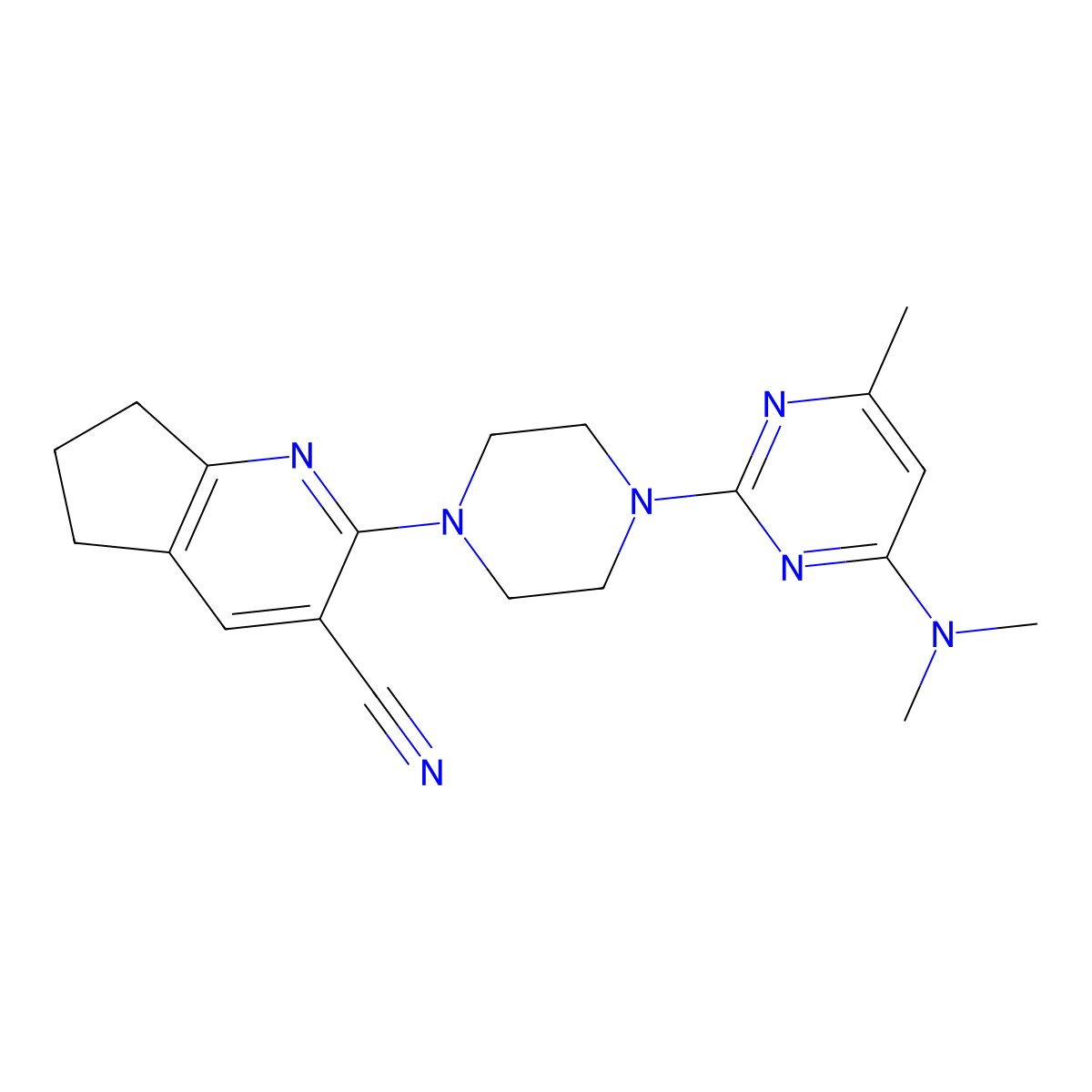 2-{4-[4-(dimethylamino)-6-methylpyrimidin-2-yl]piperazin-1-yl}-5H,6H,7H-cyclopenta[b]pyridine-3-carbonitrile molecular structure, CAS 2640966-77-2